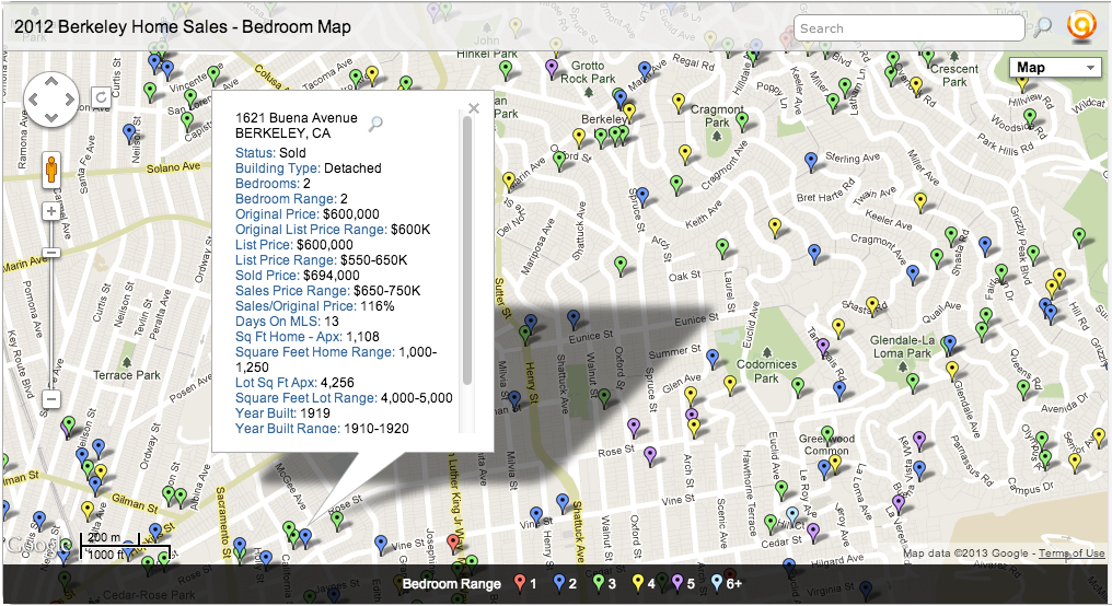 2012 MLS Berkeley Single Family Home Sales Map